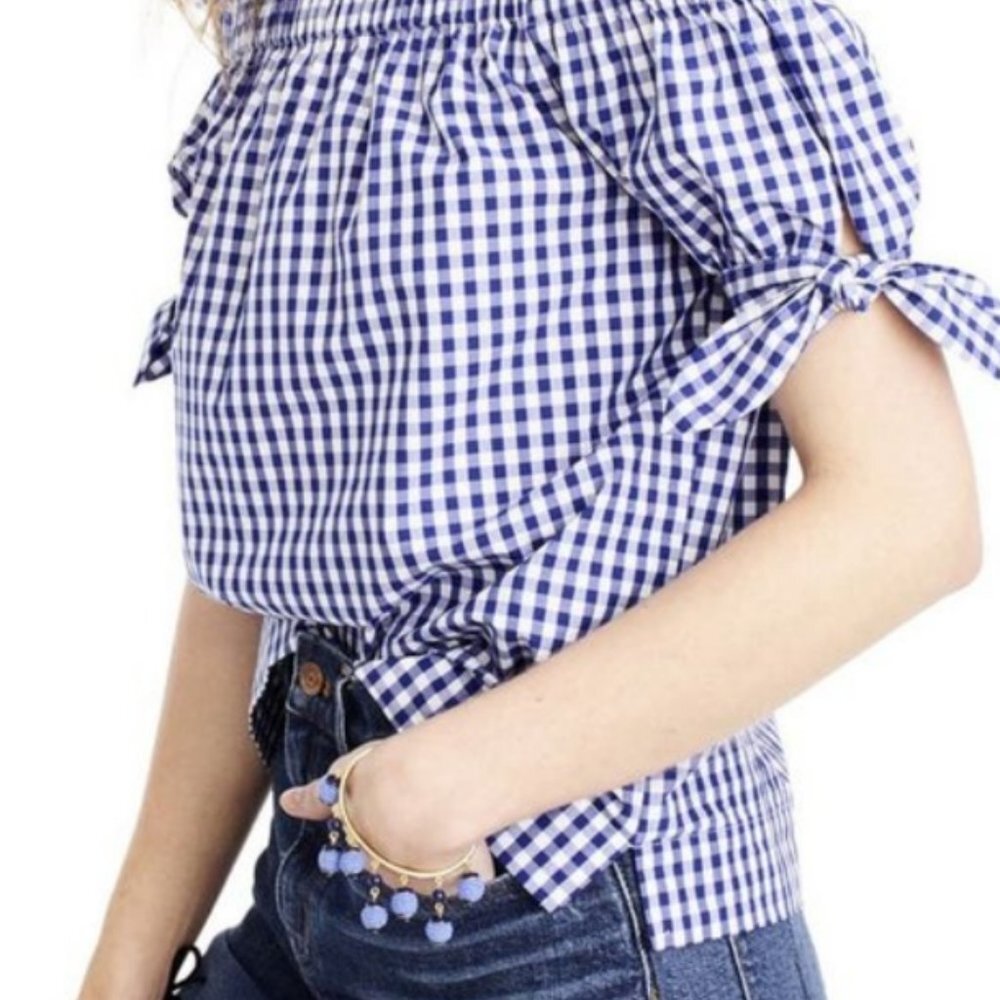 J. Crew Off the Shoulder Gingham Blue White Top‎ Blouse Size 6
